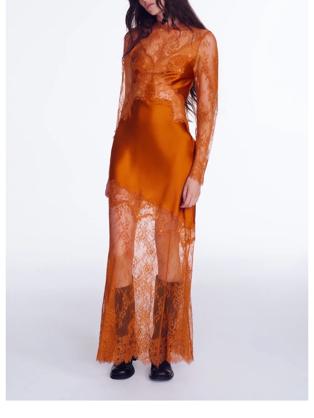 Zara Rust Orange Lace-Overlay Satin Maxi Dress